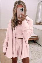 Black Shirred Hem Crop Tank Top Loose Shorts Cardigan 3 Piece Pajama Set acb4010d1a1b53ba