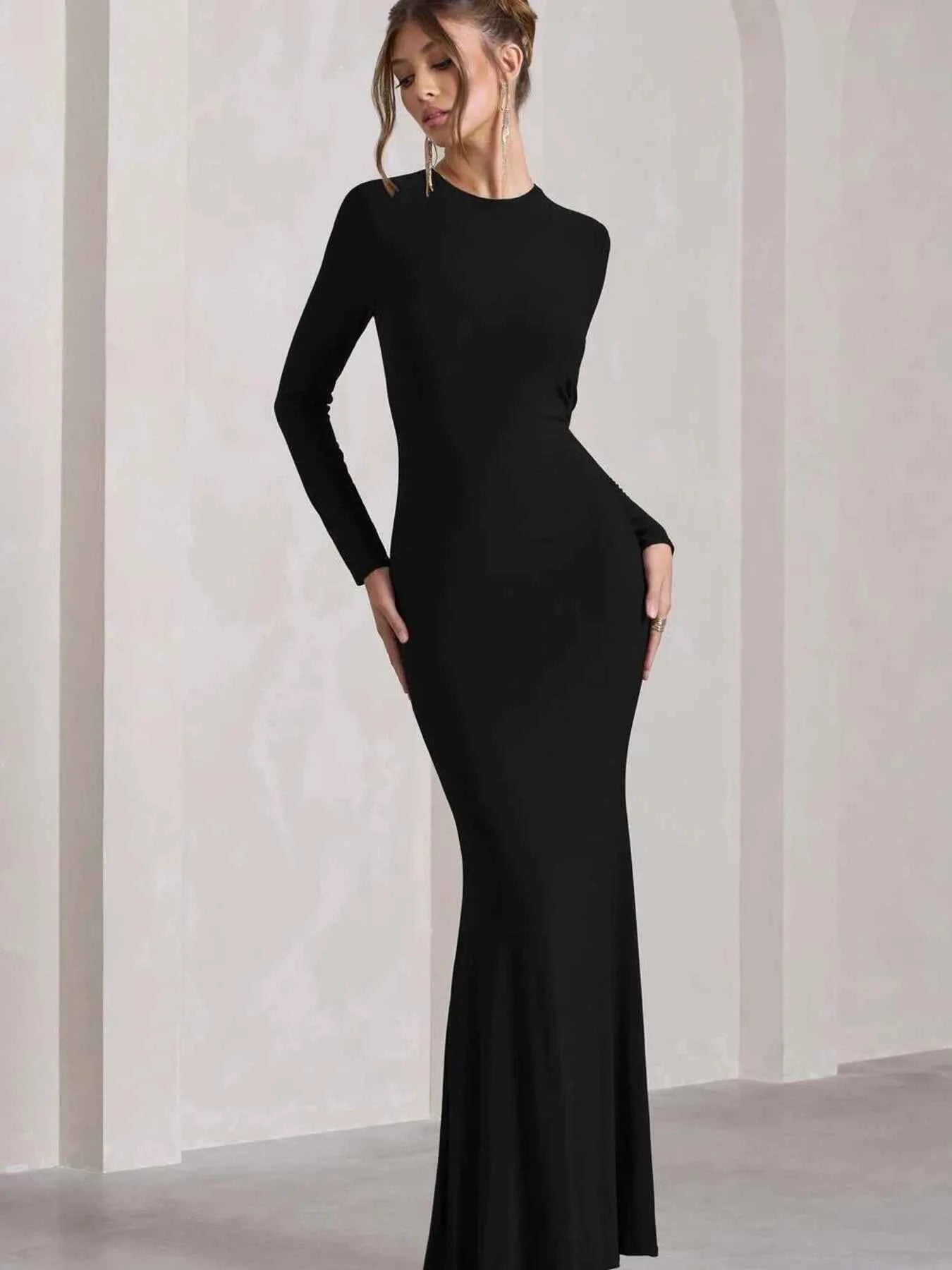 Round Neck Long Sleeve Bodycon Maxi Dress Black acb40d1c8cfa4860a3a71fe4e96008da-Max-Origin