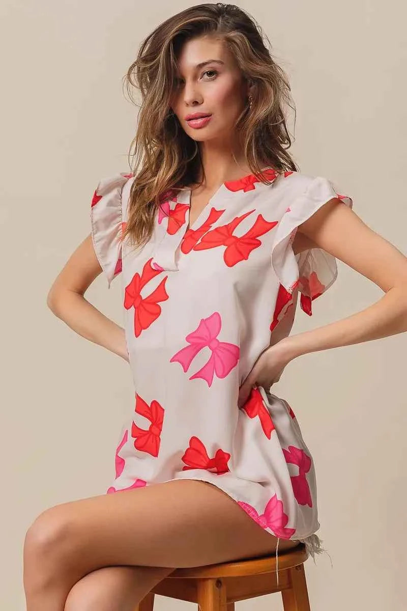 Bow Printed Woven Ruffled Sleeves V Neck Top acb71a7e19af48a5801c3158b21e9765-Max-Origin