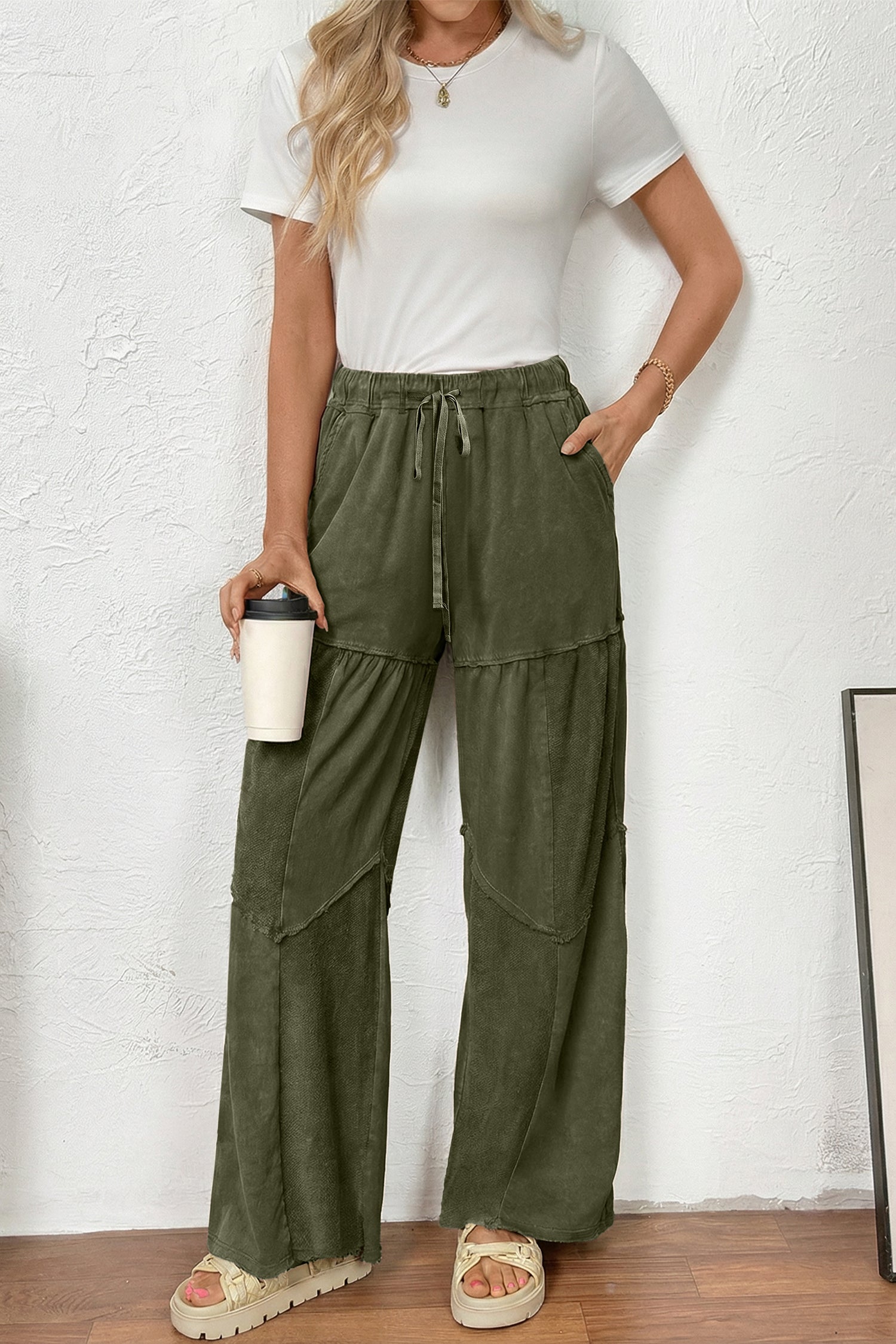 Vineyard Green Mineral Wash Tiered Wide Leg Patchwork Drawstring Pants acbf3ac729ea5a03