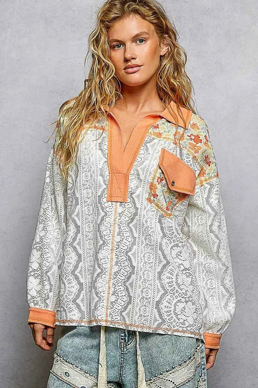 POL Floral Print Long Sleeve Lace Shirt with Front Pocket CORAL ORANGE acbf74a4-99bd-44e0-8ec6-6d1ed1781a7a-Max-Origin