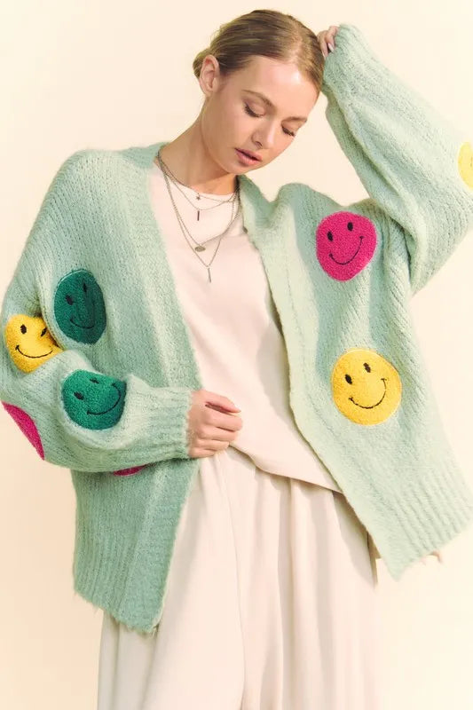 Davi & Dani Fuzzy Smile Open Front Long Sleeve Cardigan Sage acc22899-1674-4b02-bb5e-f0fdc88ef131-Max