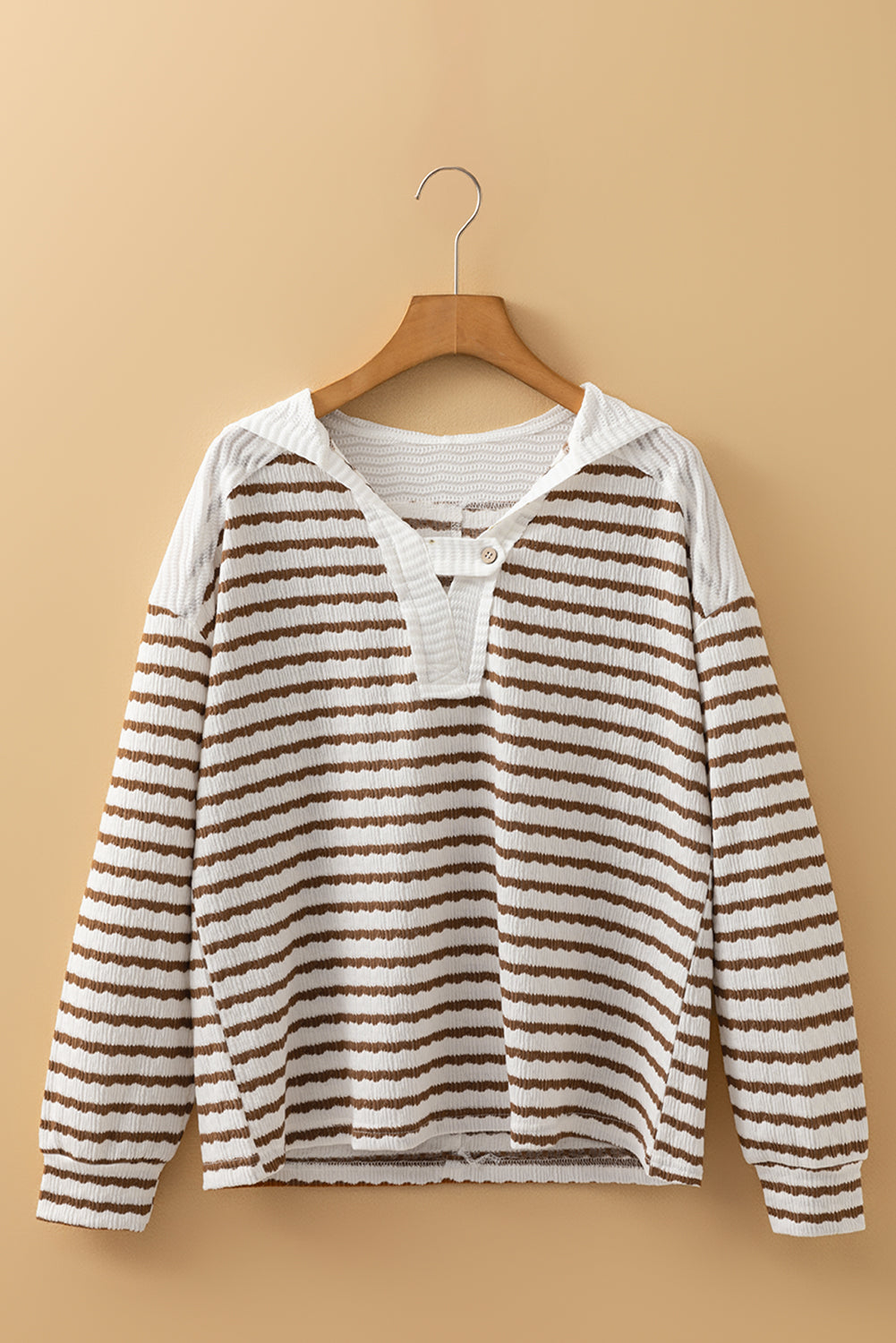 Khaki Stripe Textured Hooded Long Sleeve Top acc4e5001391097a