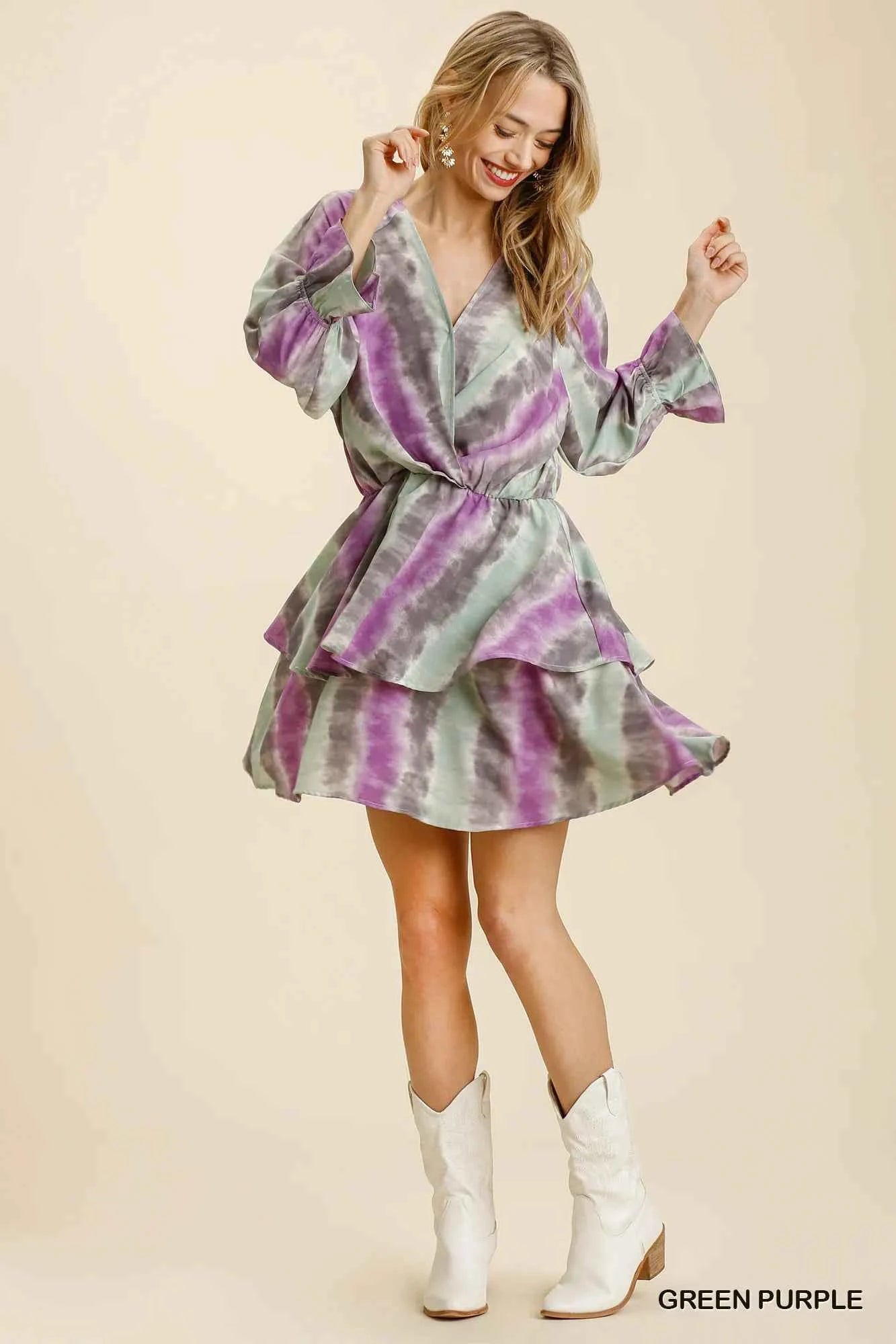 Tie Dye Ruffled Layered Dress with Elastic Waistband GREEN PURPLE acc72c7f-fca5-48ab-bddb-2a2aeeb462cc-Max-Origin