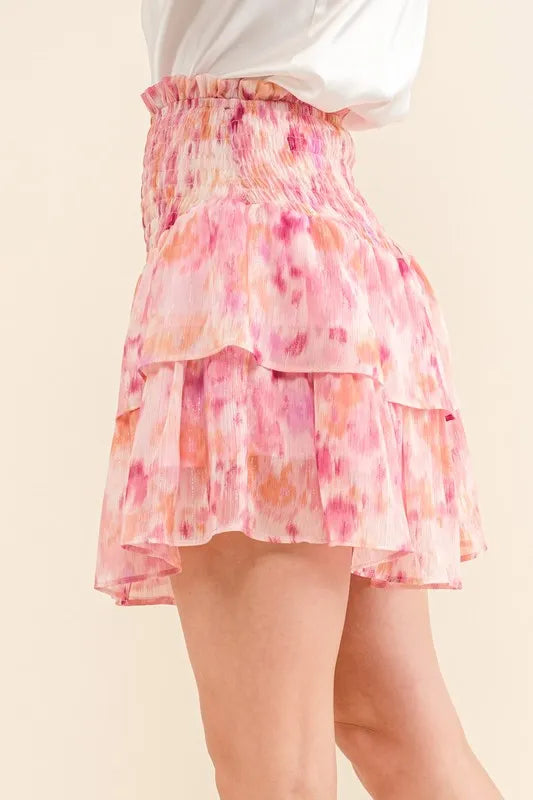 Printed Lurex Smocked Waist Tiered Ruffled Skort acca2265e3894acebf166e7ccf2904e9-Max-Origin