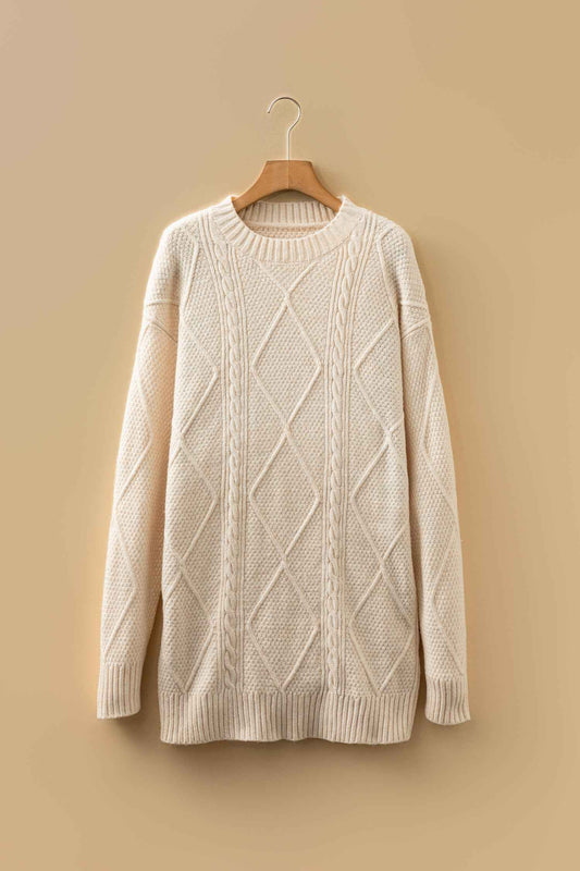 Oatmeal Cable Knit Drop Shoulder Loose Fit Sweater Dress acce758c60efaf74