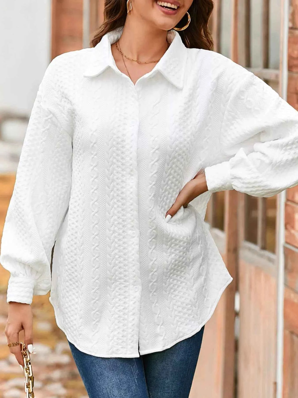 Cable Texture Puff Sleeve Loose Shacket accf0560-7e81-4ef6-a4fb-93b293d12aca-Max-Origin