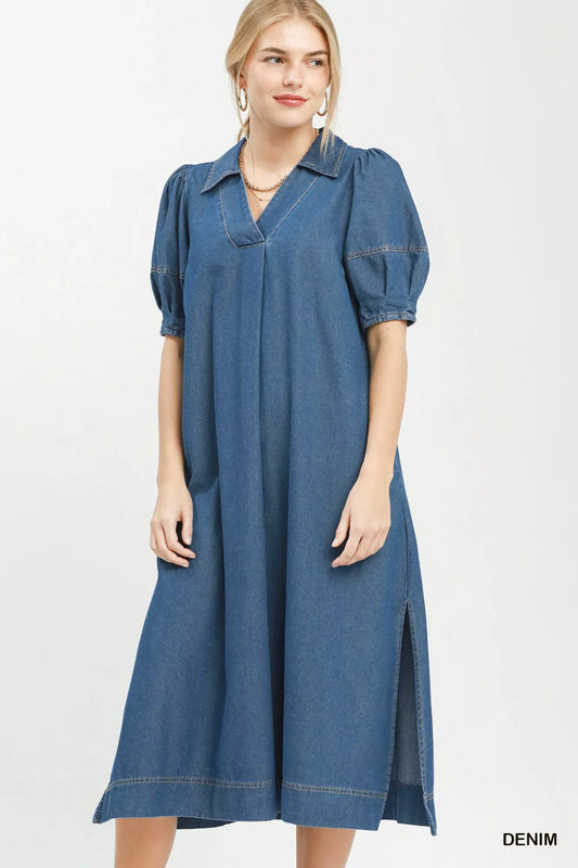 Chambray Collared Puff Sleeve Dress DENIM acd44dc5-2b97-4844-9d9f-2940e6e6995a-Max-Origin