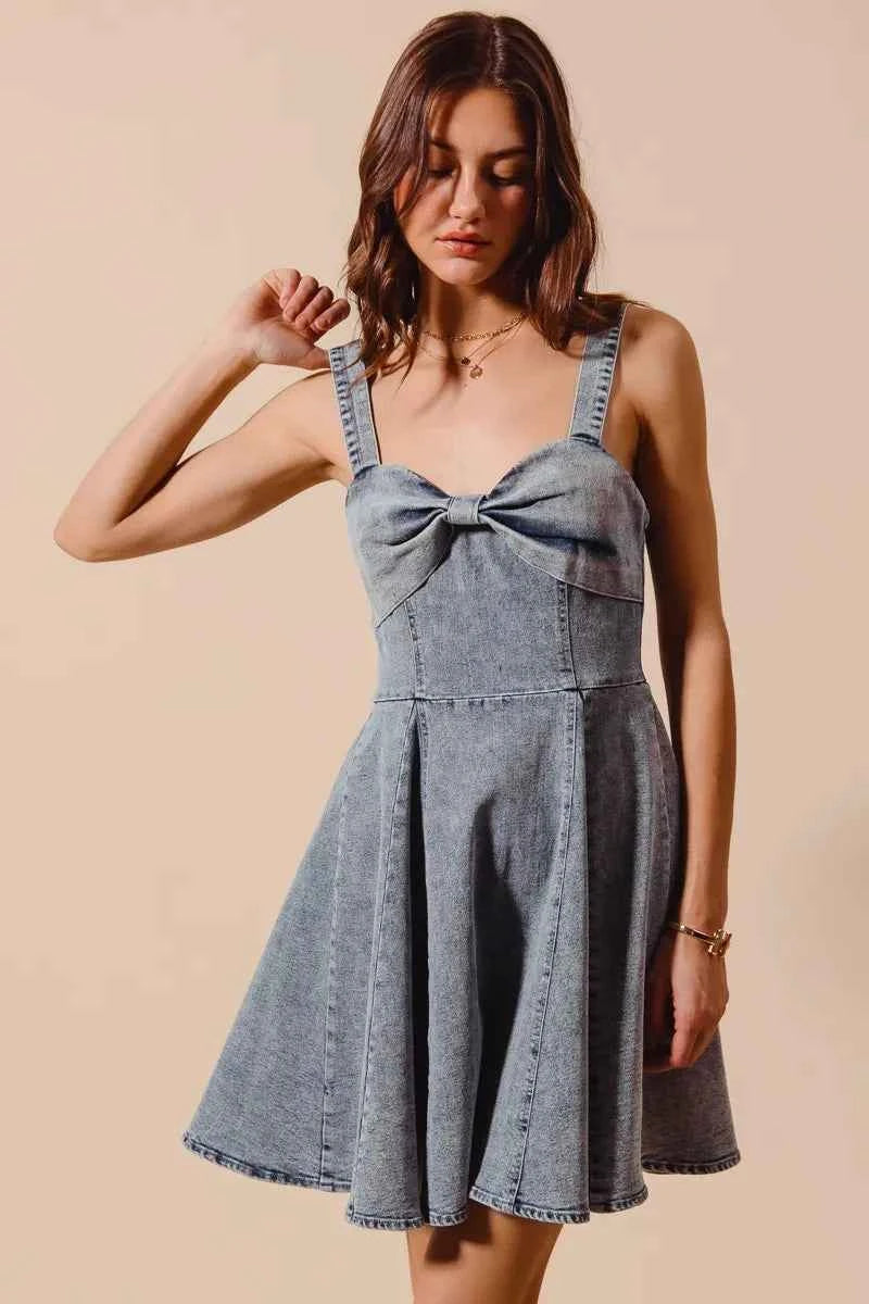 Mineral Washed Bow Ribbon Denim Flare Dress acd8becb18814fbab1e9de1e3d626a02-Max-Origin
