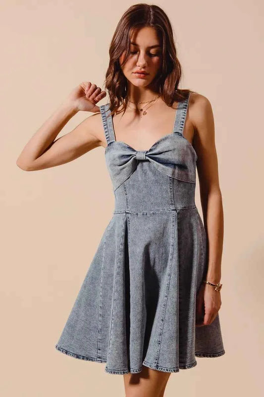 Mineral Washed Bow Ribbon Denim Flare Dress acd8becb18814fbab1e9de1e3d626a02-Max-Origin