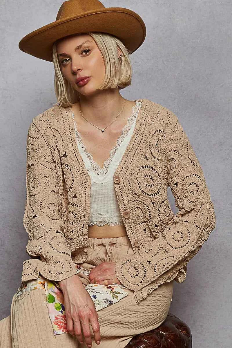 POL Button Down V-Neck Crochet Cardigan Camel One Size acdaaf4c-5876-448e-b7c5-aa9bf2a13a9b-Max-Origin