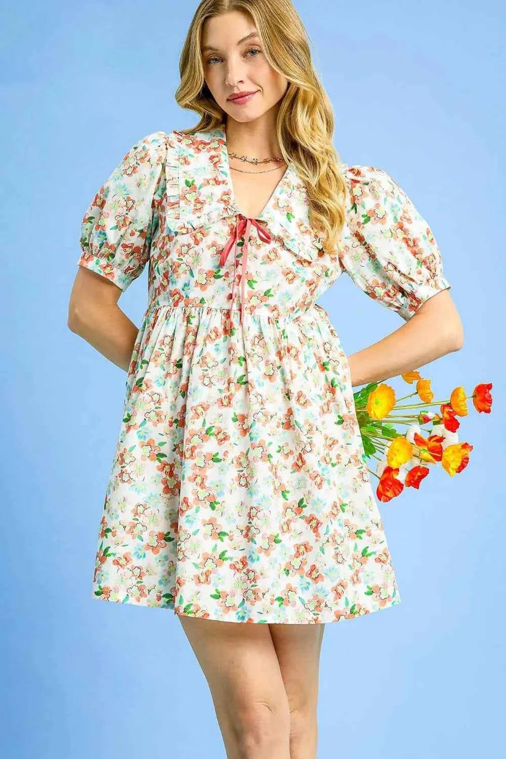 Umgee Floral Print Puff Sleeve Tie Front Mini Dress Orange acdc4162-bb59-4a6e-b079-ae78bf3ea32f-Max-Origin