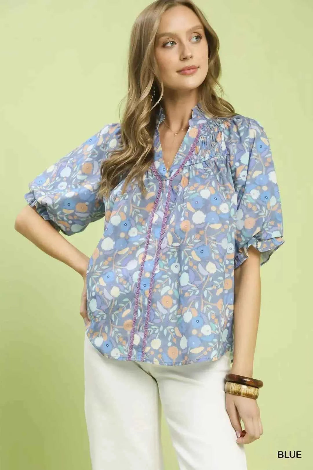 Umgee Smocked Floral Ruffle Trim Top BLUE acdd504f-b3cc-466f-9096-d61f13573703-Max-Origin