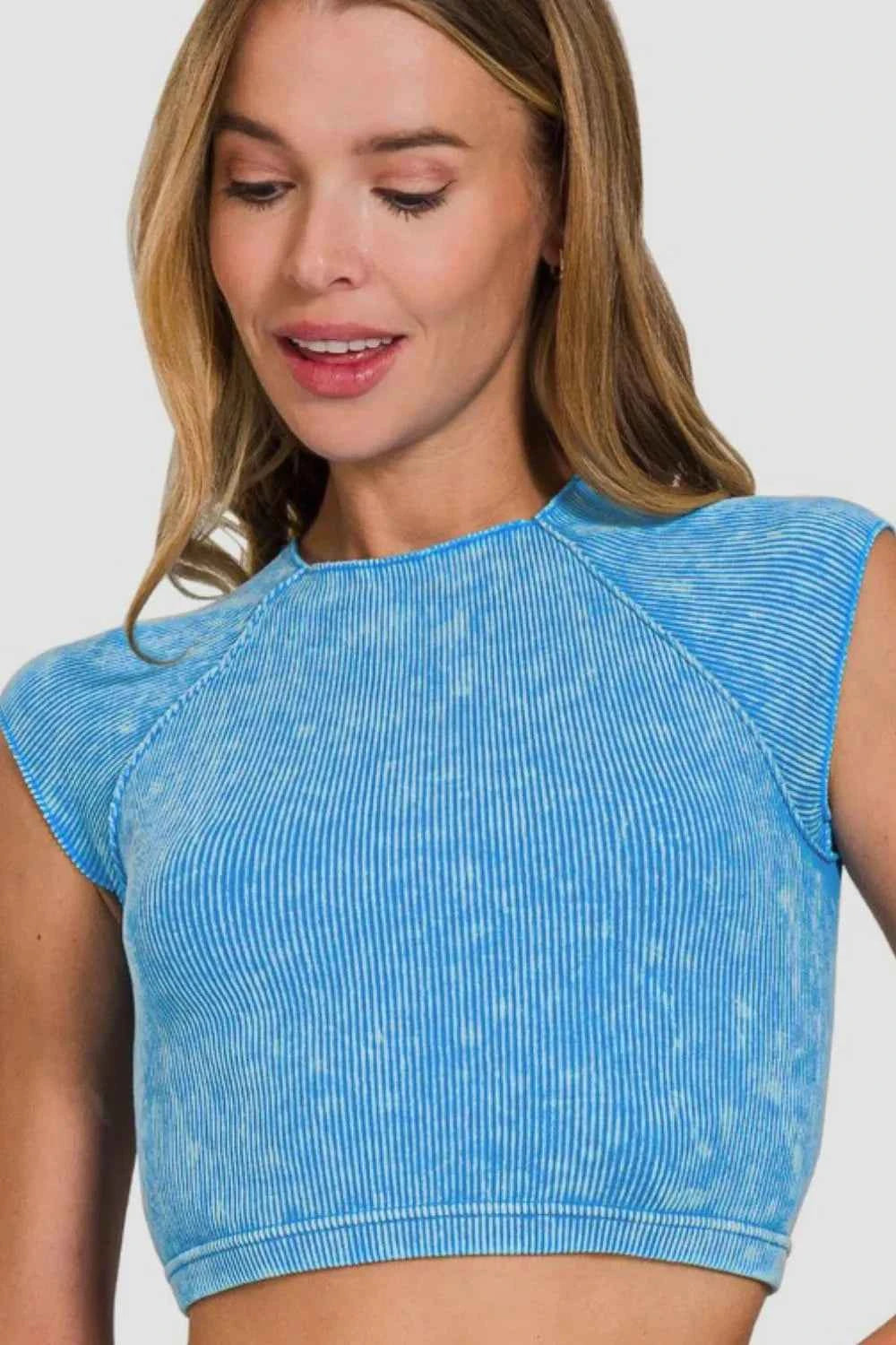 Zenana Ribbed Round Neck Cropped Top Sky Blue acde47fc-c849-4651-b1bd-164c16ad513d-Max