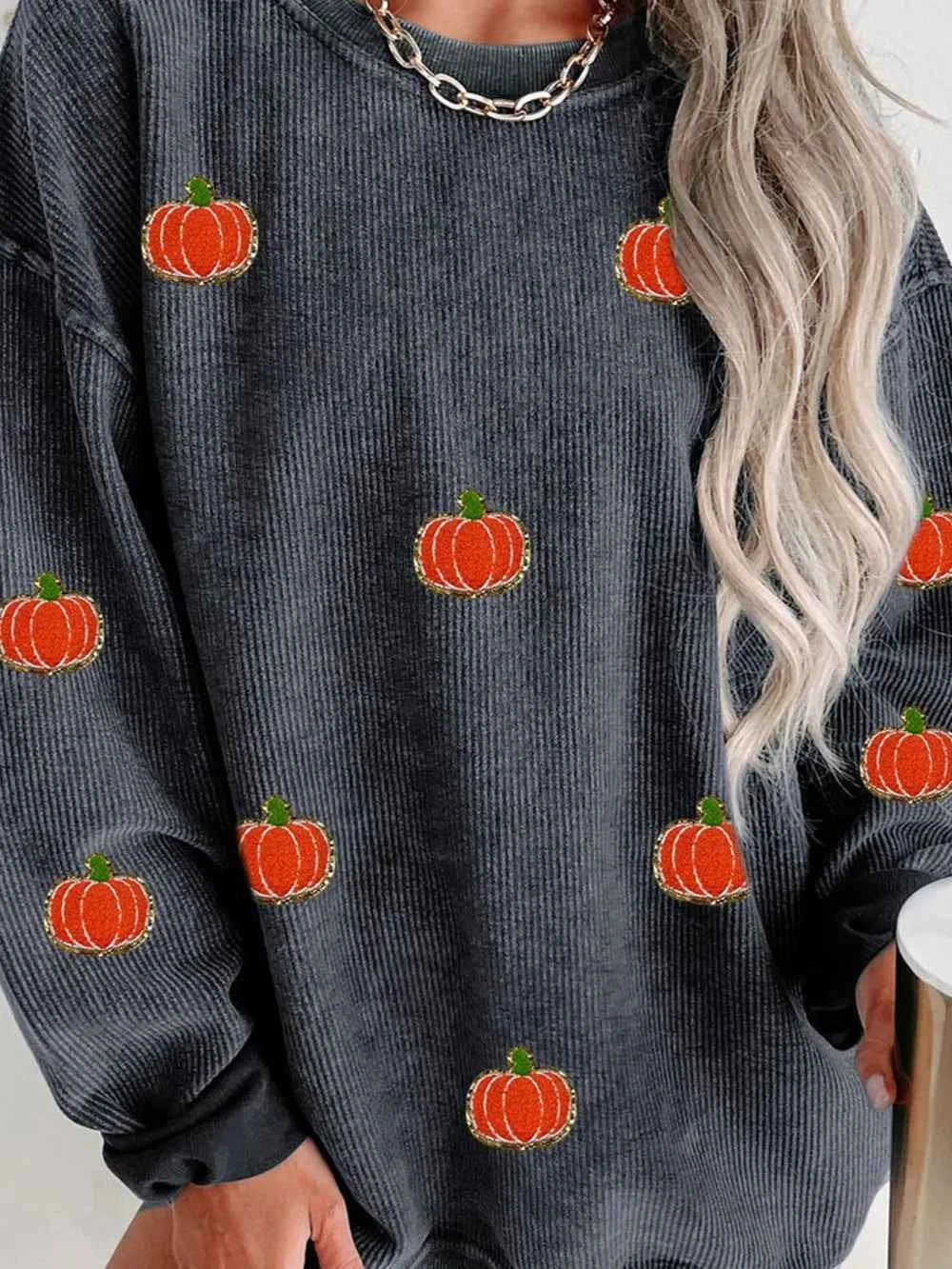 Pumpkin Round Neck Long Sleeve Sweatshirt ace2c408-4733-405d-84c6-fbb32b689386-Max