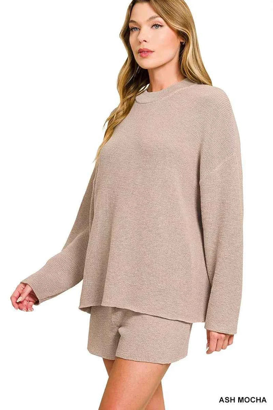 Zenana Round Neck Knit Top and Shorts Sweater Set ASH MOCHA ace7c461d6ac45c6bd13f8e33bdf90e7-Max-Origin