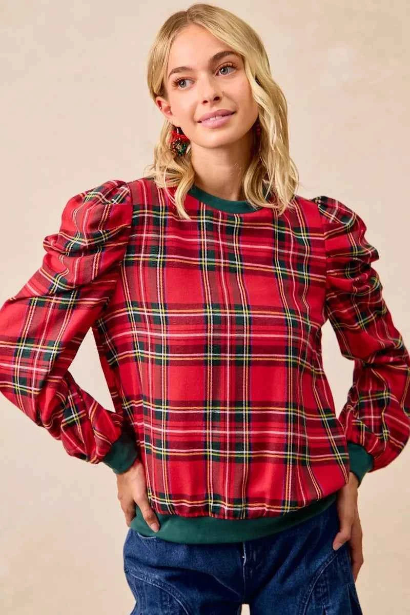 Christmas Plaid Exaggerated Shoulder Sleeves Top ace86e45d4df43ea8c9c4f1fd58efee1-Max-Origin