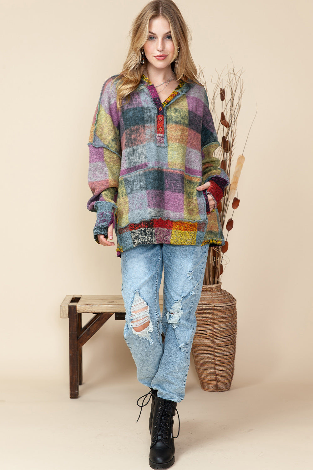 Multicolor Brushed Check Kangaroo Pocket Thumbholes Henley Hoodie acf5aa7ffebb2438