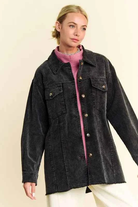 Davi & Dani Washed Corduroy Raw Hem Button Up Jacket acfb218b-608e-4797-93ac-278eabad17dc-Max
