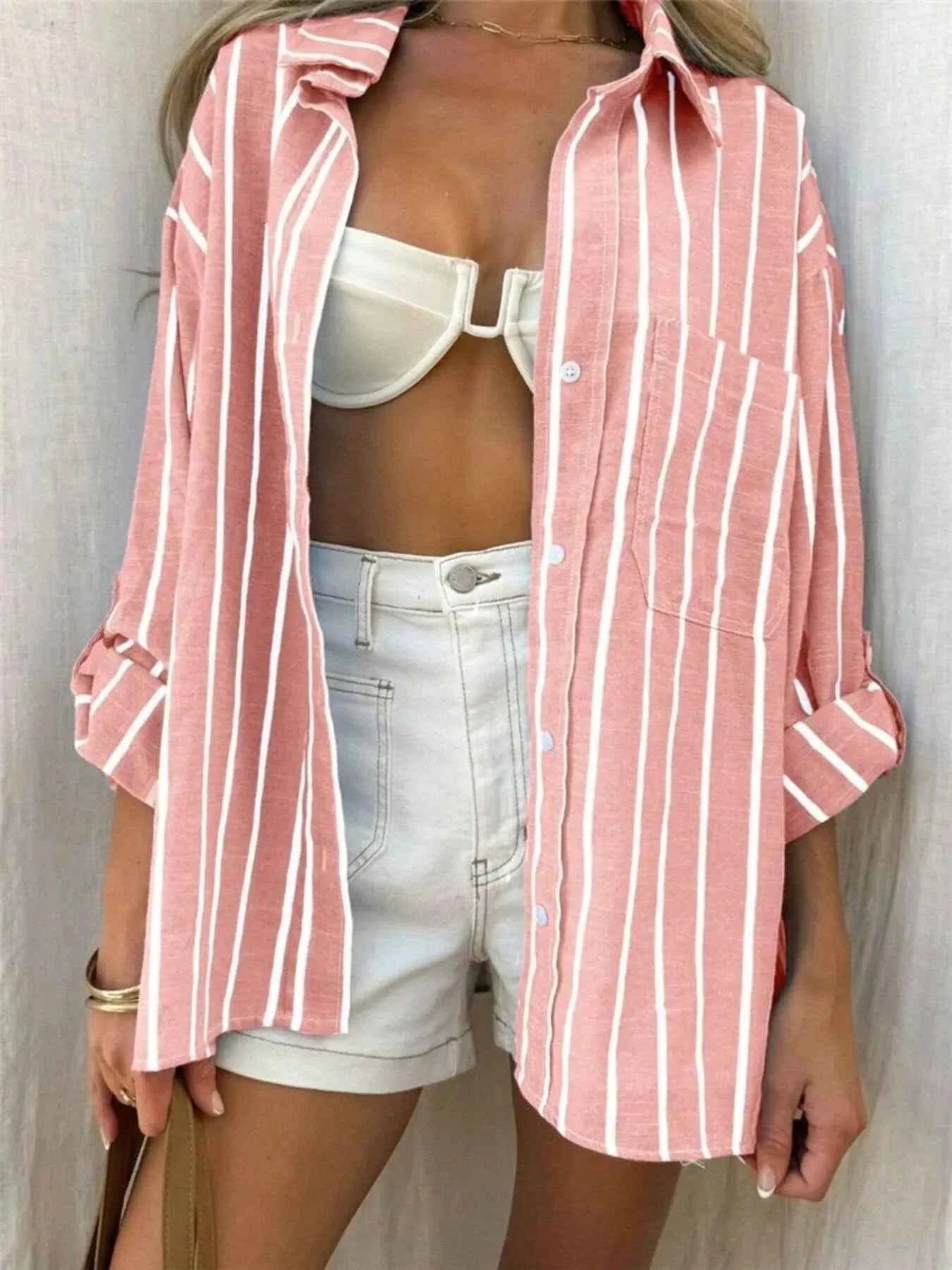 Striped Button-Up Shirt with Chest Pocket
