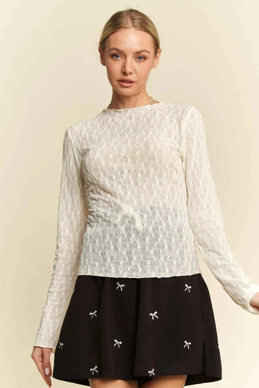 Davi & Dani Long Sleeve Sheer Small Embroidered Bows Lace Top CREAM acff0e3175c5444dbb434841573553b3-Max-Origin