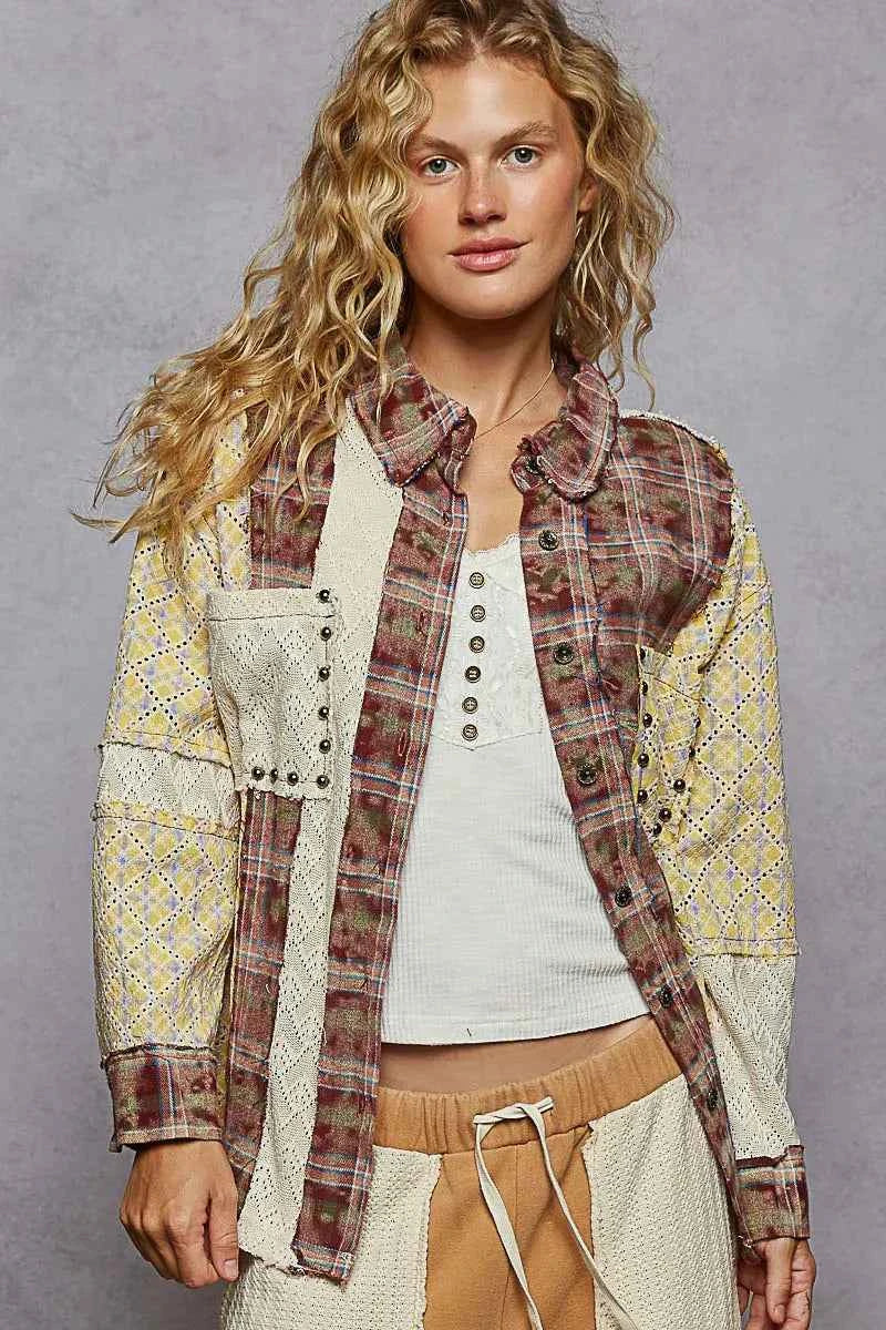 POL Studded Contrast Plaid Long Sleeve Shirt Dark Brown ad0086e7-36e3-4ace-bfe7-6d38119706fd-Max-Origin