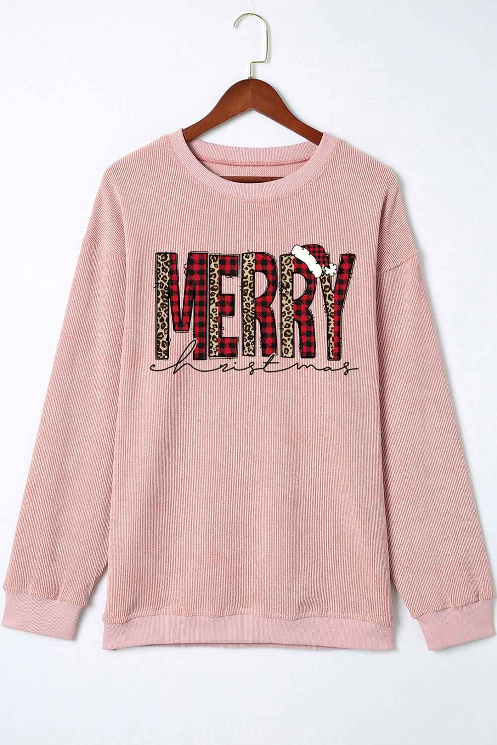 Pink MERRY Christmas Plaid Leopard Heat Transfer Printing Corded Sweatshirt ad0806d2cf6fc78b