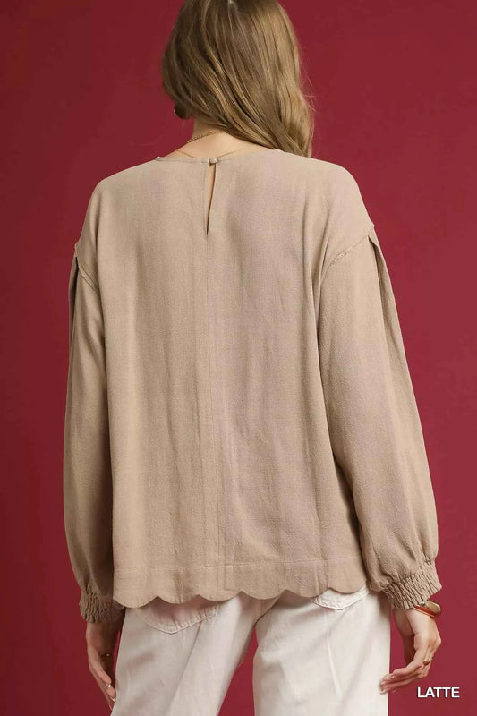 Linen Scallop Hem Long Sleeve Blouse ad0bca10-6f45-4427-8a33-9b47aee52499-Max-Origin