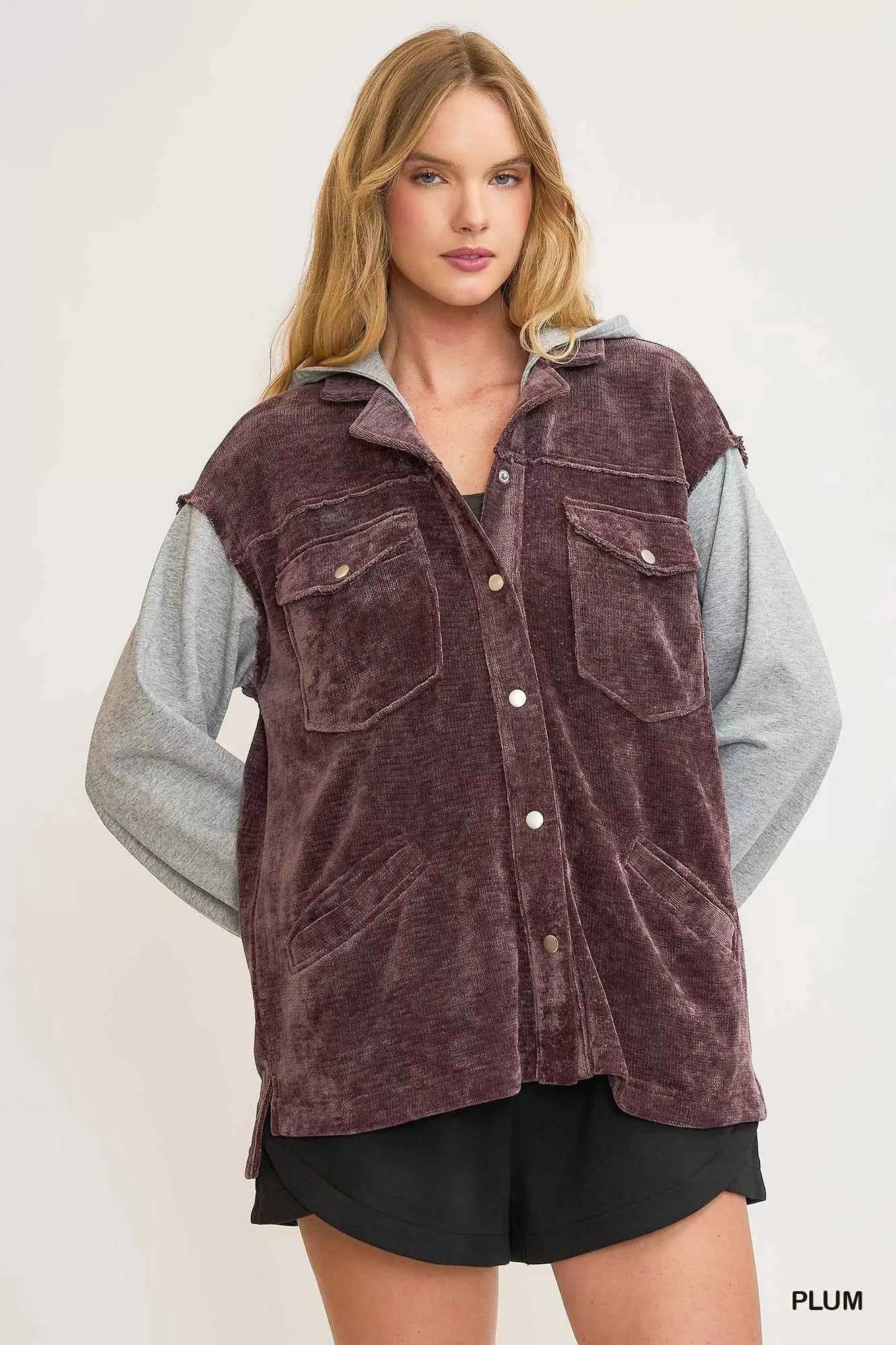Umgee Contrast Hooded Chenille Jacket PLUM ad12f93c-5d5b-4a03-a06b-f61728b766e4-Max-Origin