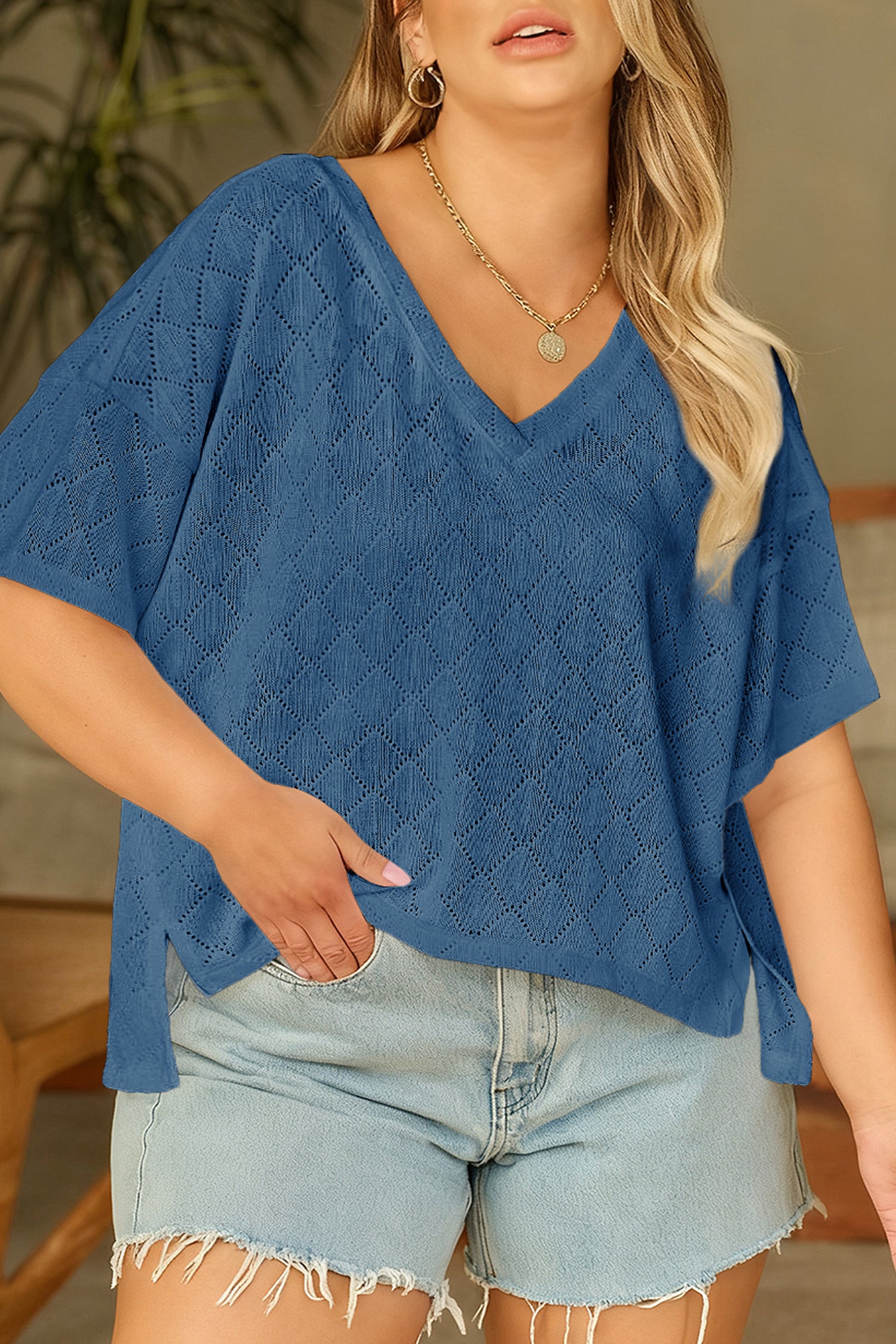 Black Pointelle Rhombus Knit Plus Size V Neck Loose Top Sky Blue 100%Polyester ad13bc3711ae2063
