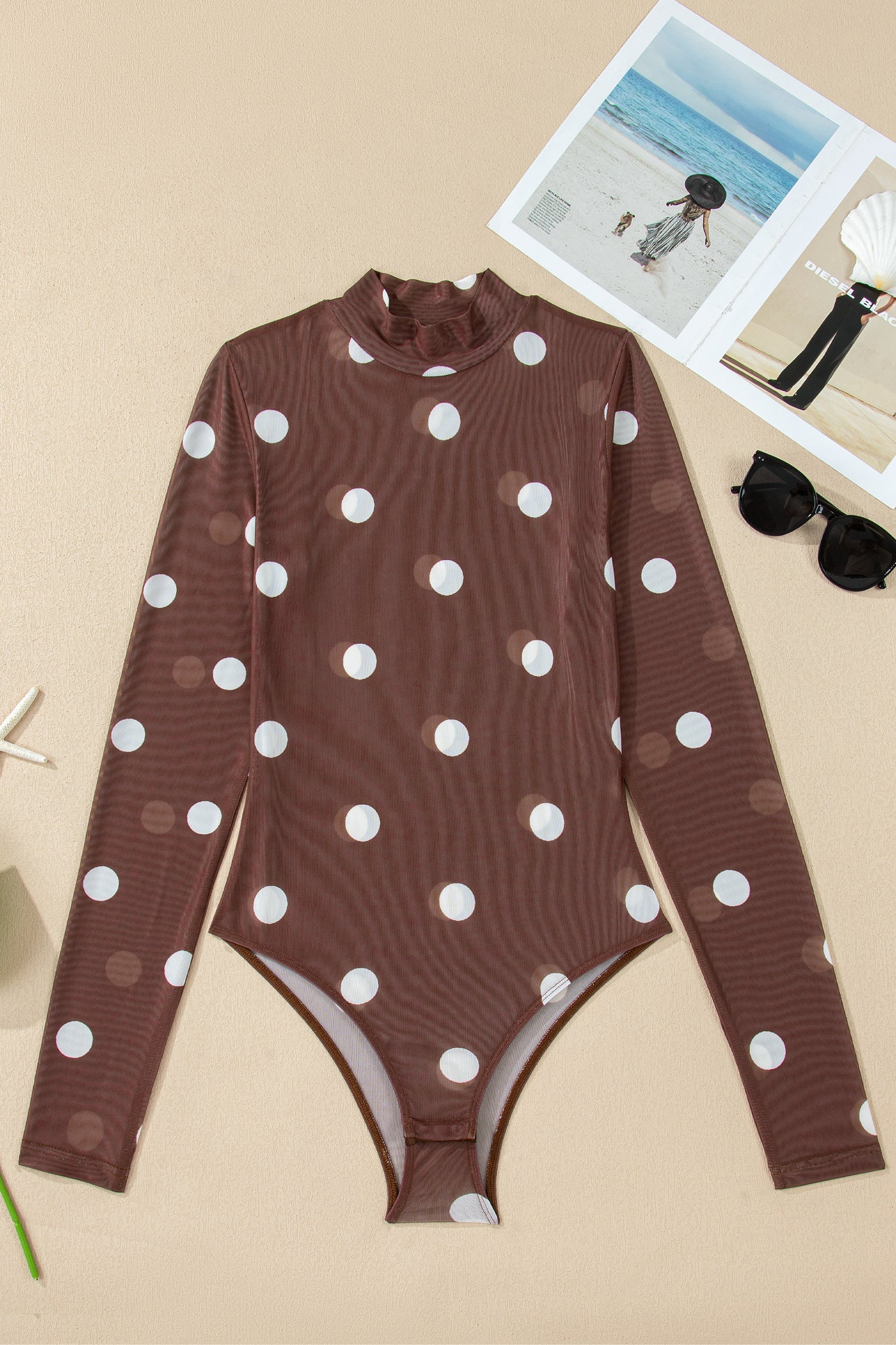 Brown Vintage Polka Dot Print Mesh Long Sleeve Bodysuit ad1a7bc350cc3587