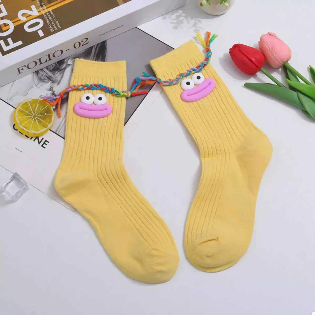 Cartoon Ribbed Knit Crew Socks Gold One Size ad1d5ade-94aa-4f18-b990-4046dbe44c45-Max-Origin