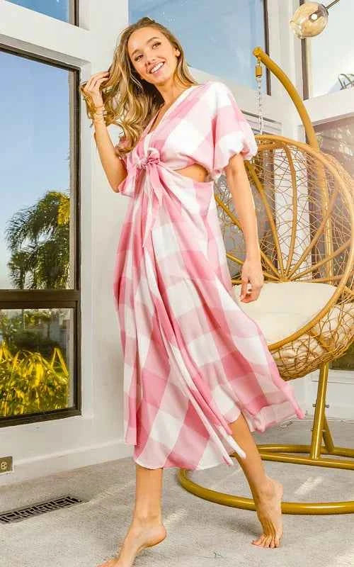 BiBi Front Tied Puff Sleeve Checkered Dress with Cut Out Detail ad2064dc-ce50-4c25-a3fc-71c3d5fe6b9c-Max-Origin
