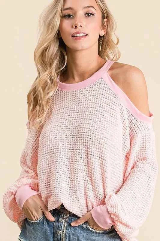 BiBi Popcorn Waffle Top with Cold Shoulder Detail BLUSH ad21ae430b794fdb985da67322679c6b-Max-Origin