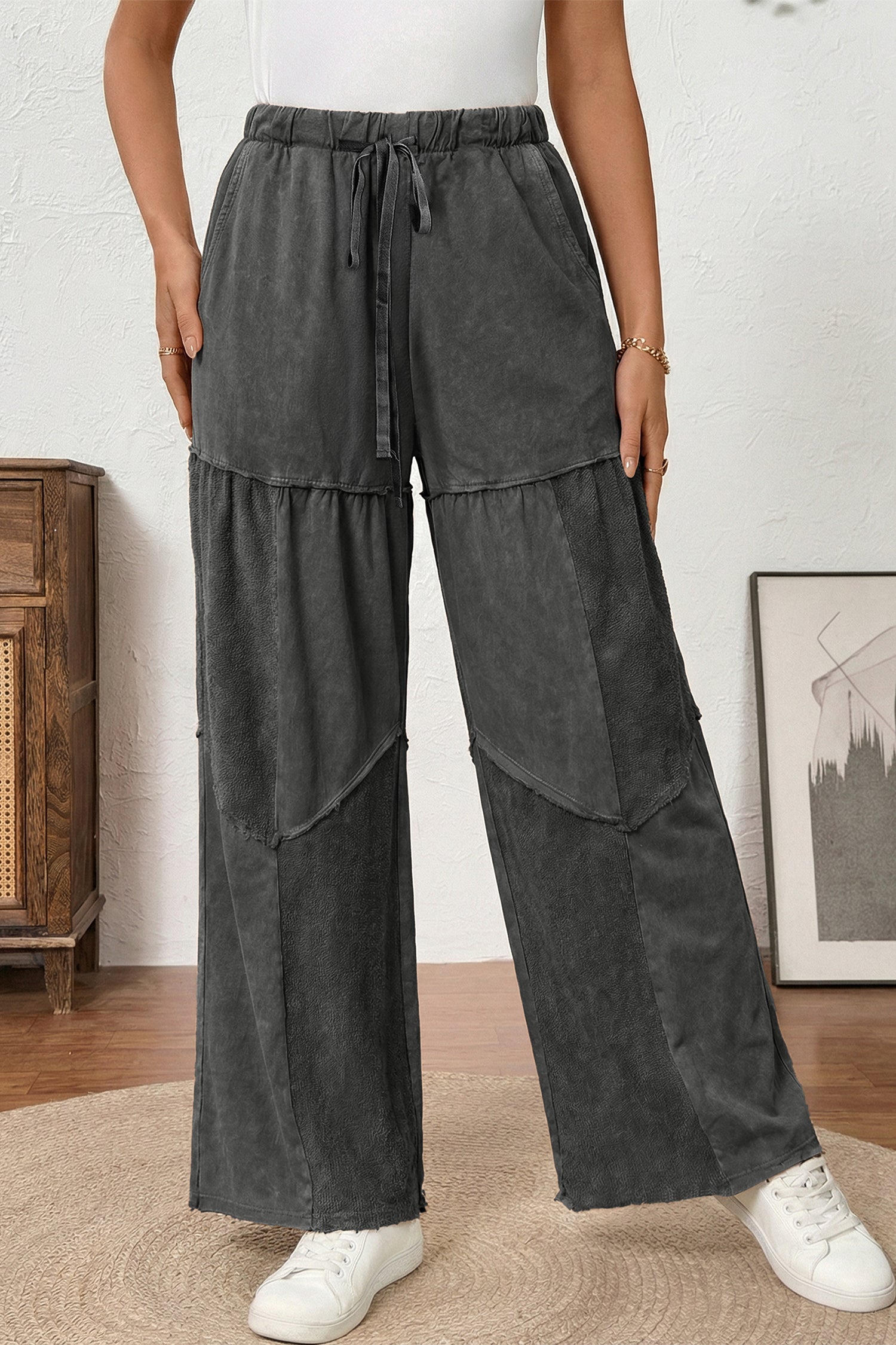Black Mineral Wash Tiered Wide Leg Patchwork Drawstring Pants ad22be9da45c4b84