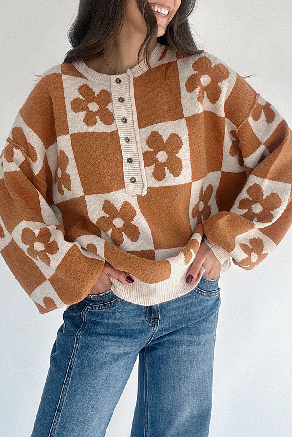 Red Dahlia Flower Colorblock Checkered Henley Sweater Thai Curry 52%Viscose+26%Polyester+22%Polyamide ad248e6fe6a02669