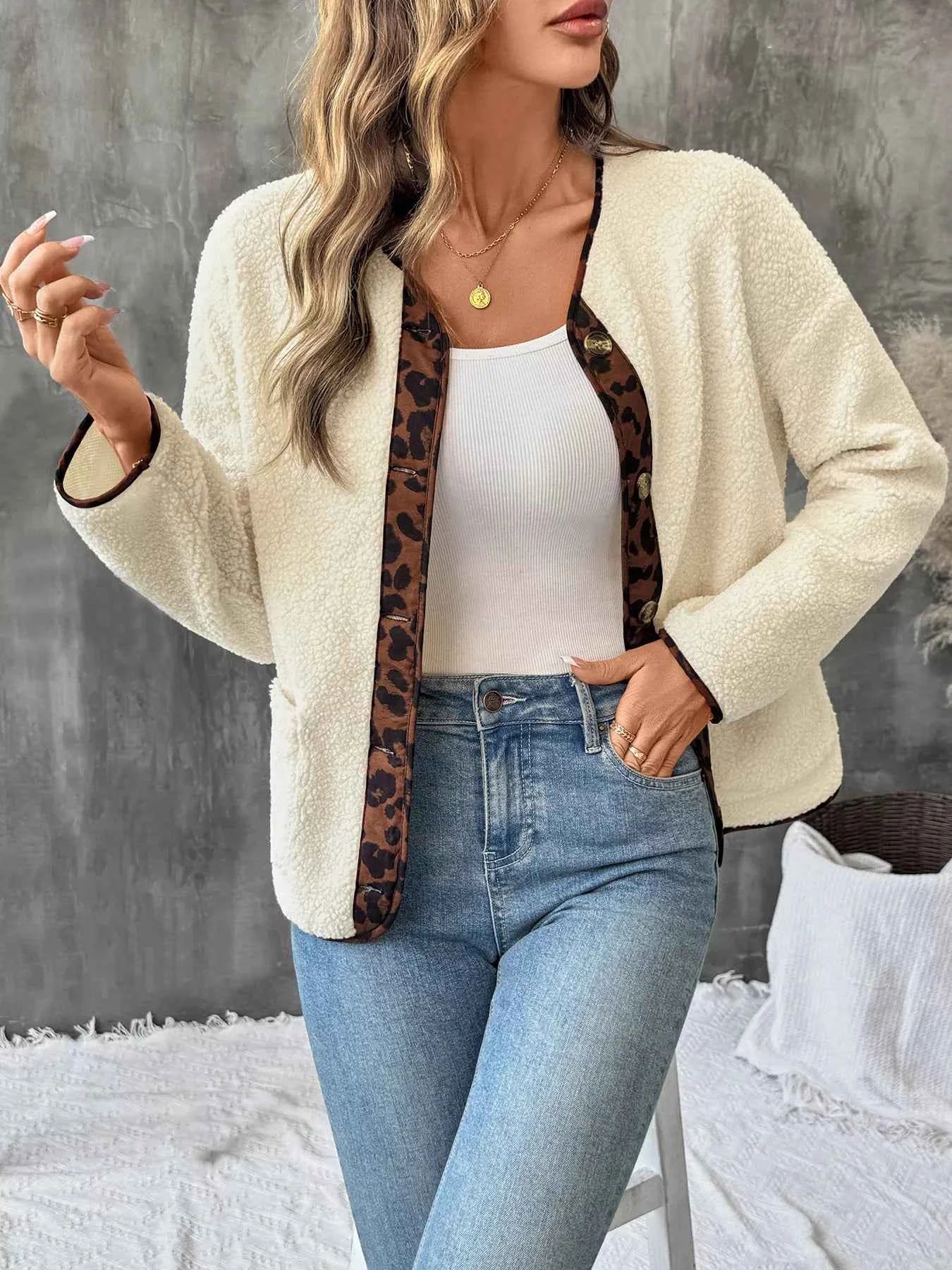 Leopard Trim Button Up Jacket Apricot ad28f241627949f09dfe6b0775122596-Max-Origin