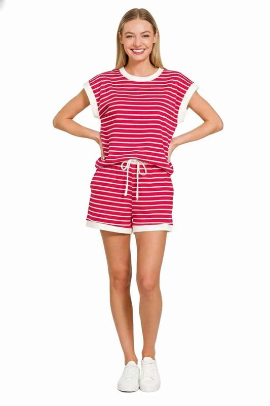 Stripe Contrast Trim Top & Shorts Set ad2b0261-fdef-40b5-83c4-e1b119c9e8b7-Max-Origin