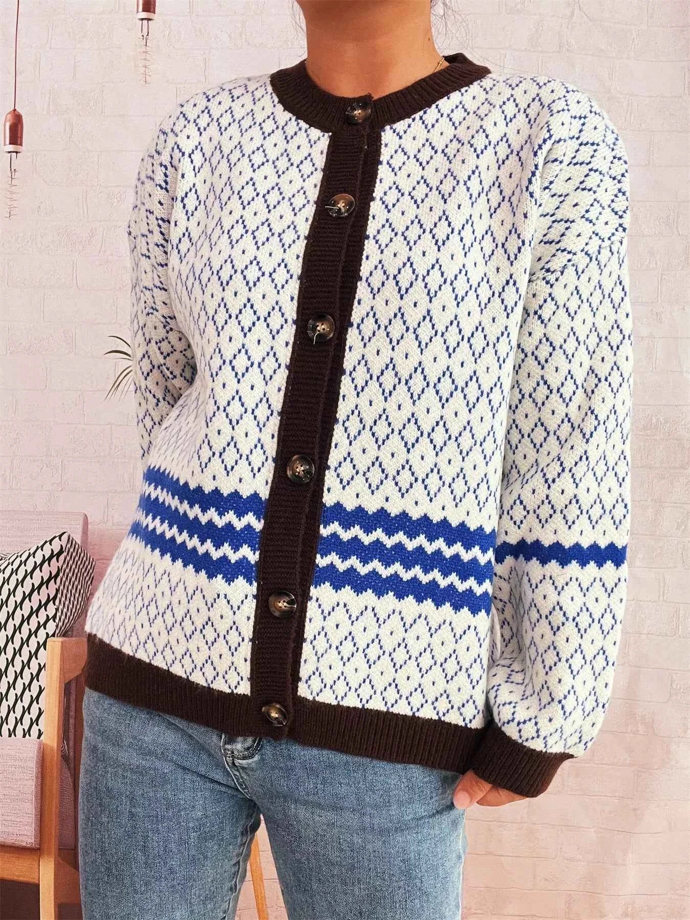 Geometric Pattern Button Up Cardigan ad2d2a4c555c41c7bc45198e5842c5ce-Max-Origin