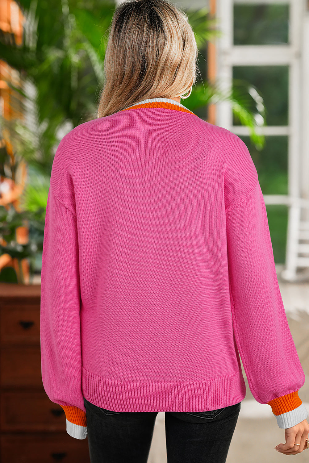 Sachet Pink Contrast Collar Pearl Decor Sweater ad2f35df01970bbb