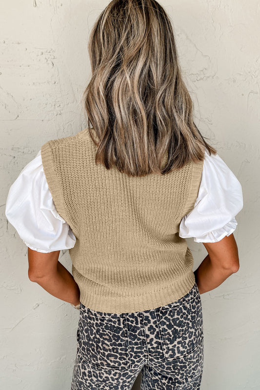 Light French Beige Round Neck Knit Contrast Short Sleeve Patchwork Sweater Top ad3048b0ad4f8546