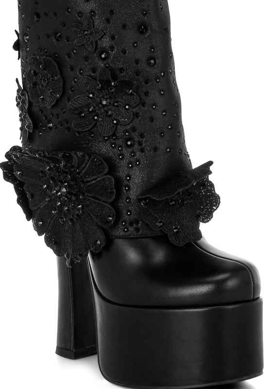 Sundra Floral Applique Platform Heeled Boots ad31f5a5-f453-4f57-8ee6-f1f0190a7e06