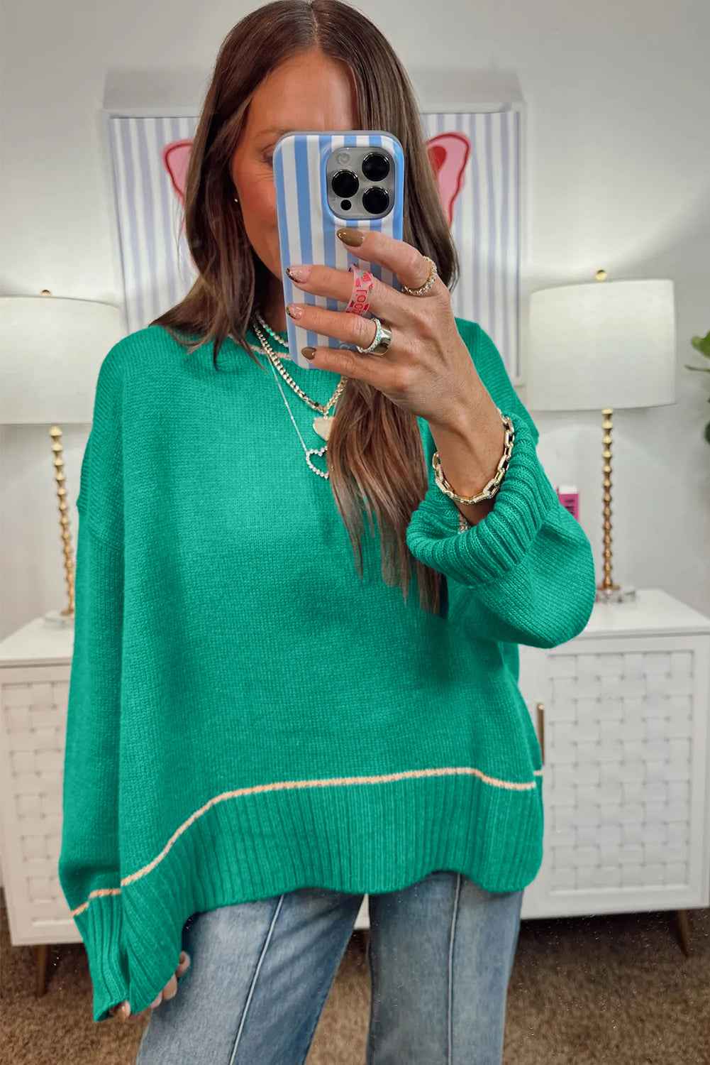 Sea Green Contrast Detail Drop Shoulder Baggy Sweater ad38e9af429bdcd7