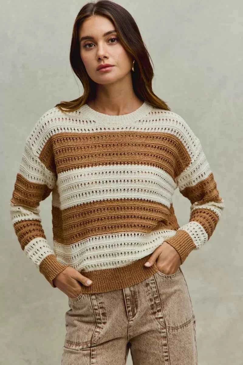 SO ME Openwork Round Neck Wide Stripe Textured Sweater CREAM TAUPE ad3eb2d2bf974ca9ad3bd830e6a5e8da-Max-Origin