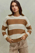 SO ME Openwork Round Neck Wide Stripe Textured Sweater CREAM TAUPE ad3eb2d2bf974ca9ad3bd830e6a5e8da-Max-Origin