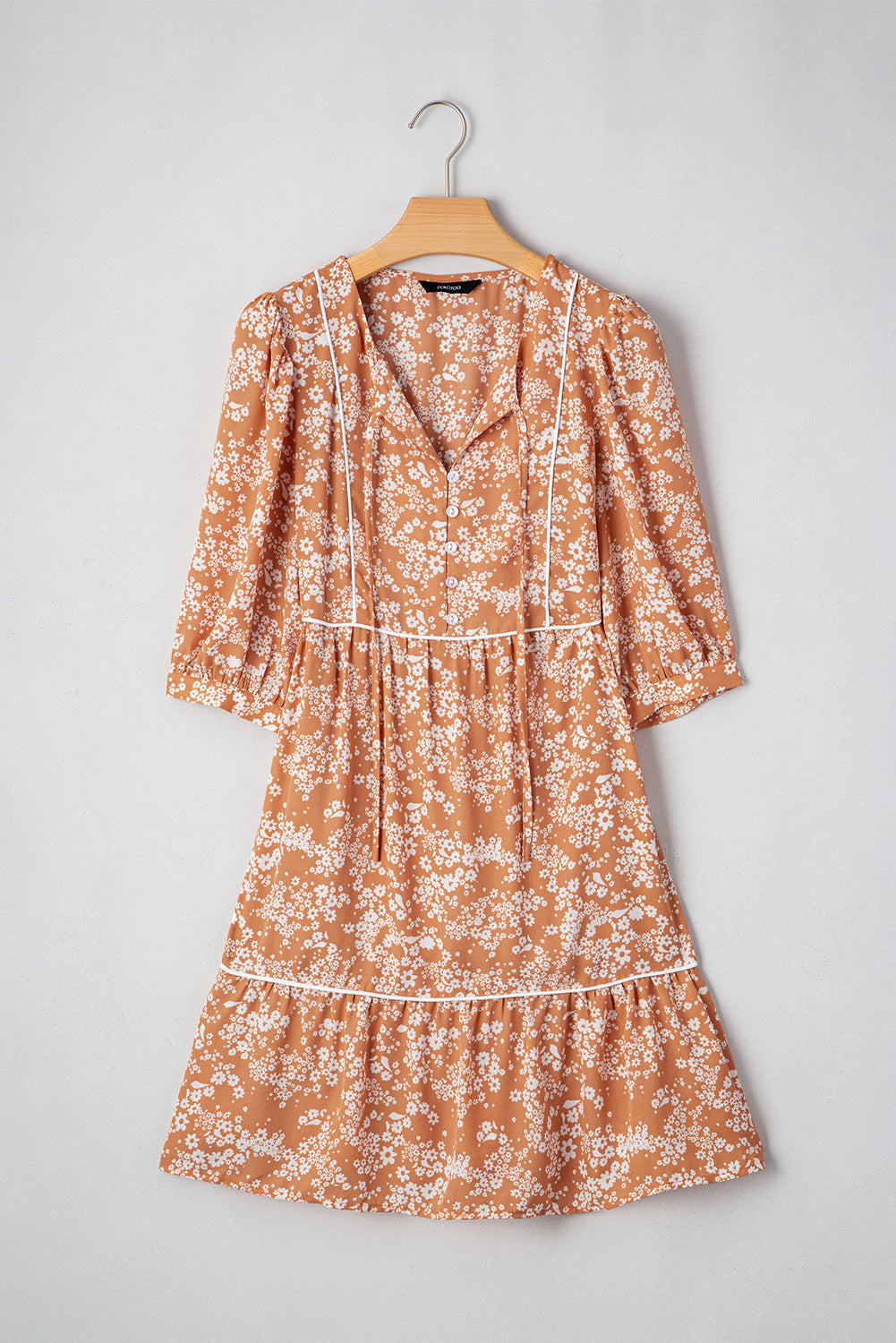 Yellow Floral Print Contrast Trim Button Tie Neck Swing Dress ad4bc875d13084b4