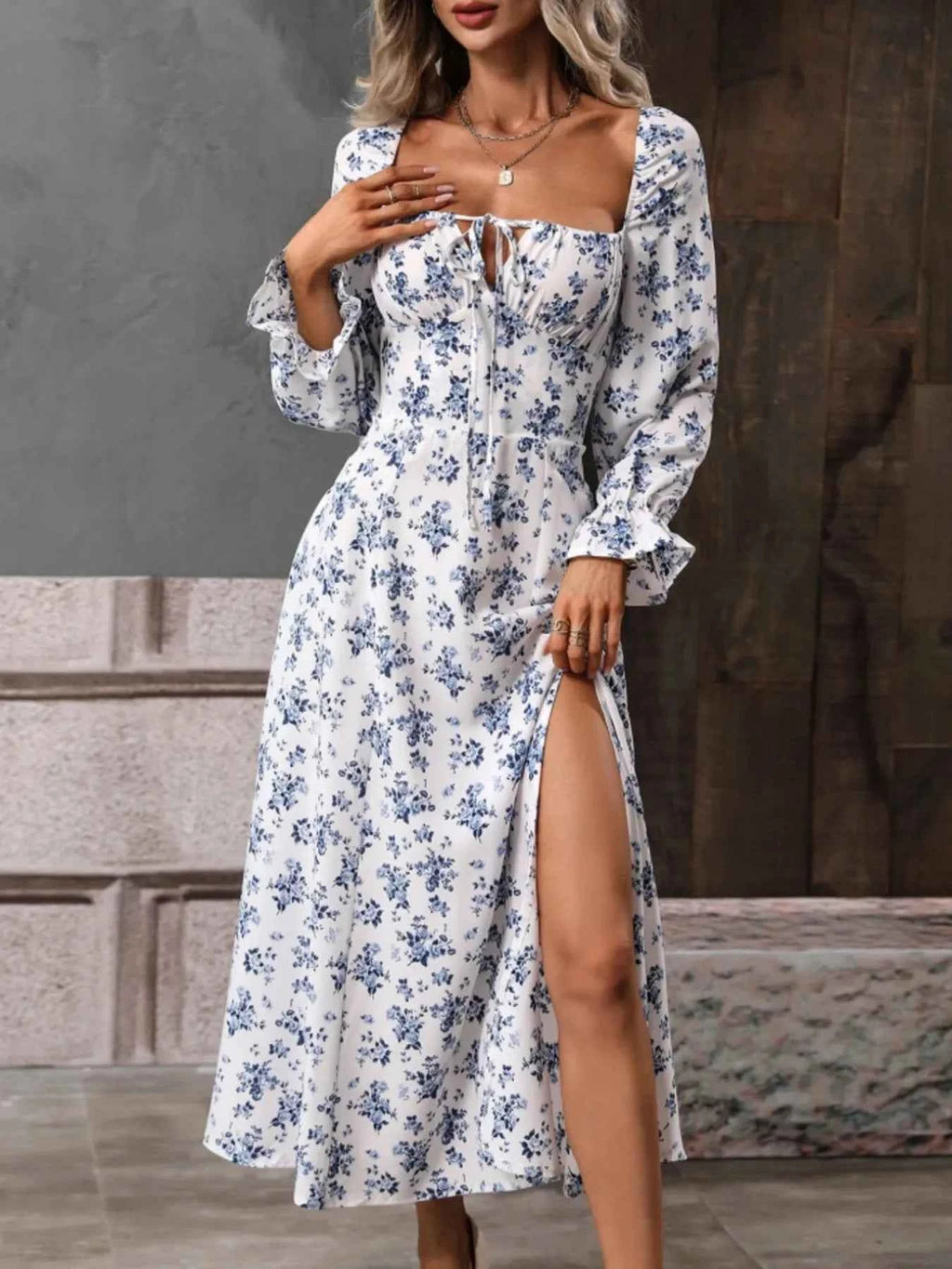 Floral Print Square Neck Flounce Sleeve Dress with Side Slit ad4d3d56dd8641eca00df4f5ace75af8-Max-Origin