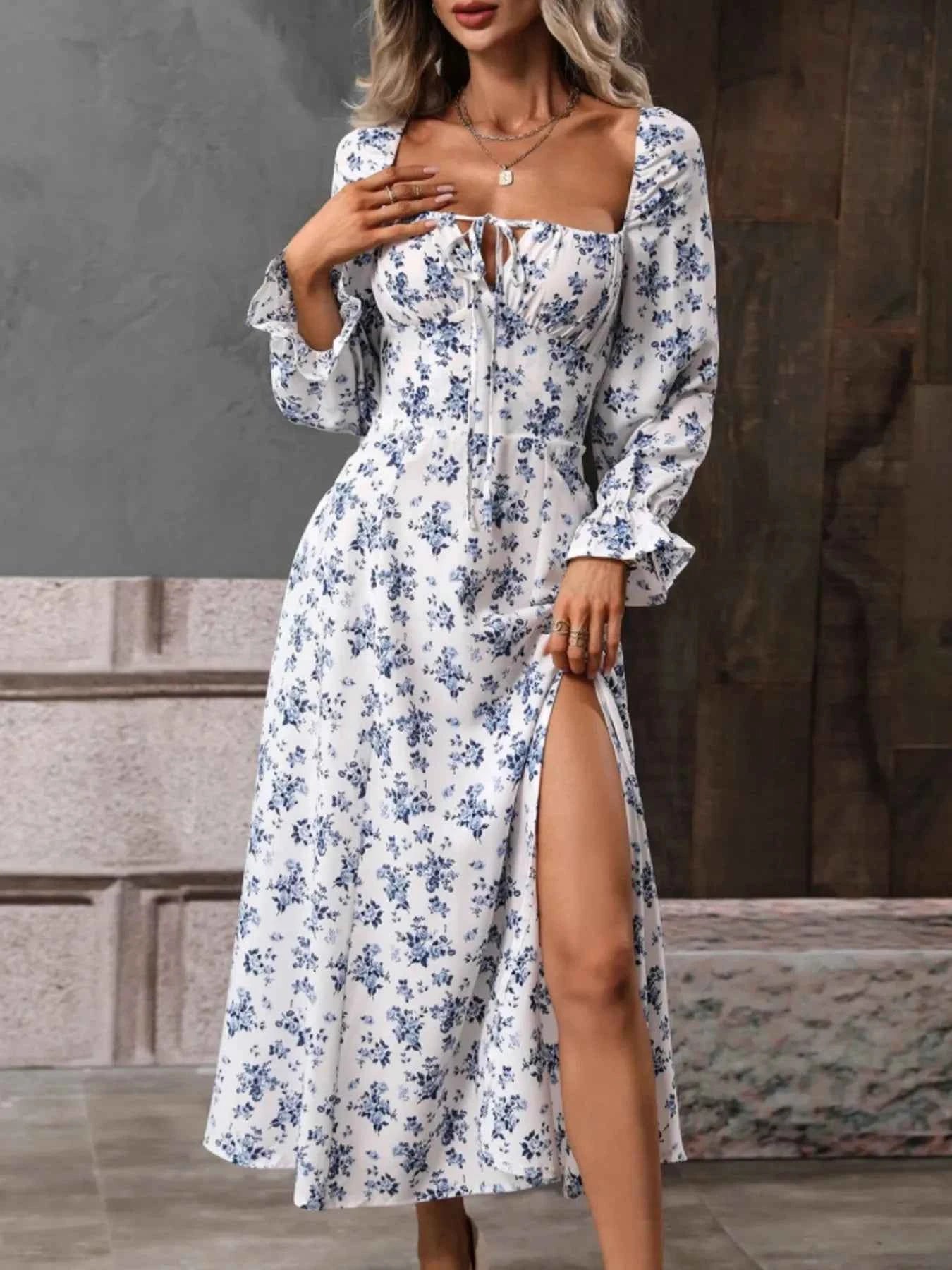 Floral Print Square Neck Flounce Sleeve Dress with Side Slit ad4d3d56dd8641eca00df4f5ace75af8-Max-Origin