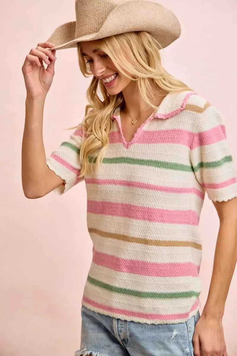 BiBi Multi Colors Stripes Collared Knit Top ad4f707ee07a4bb1ba139e0c341b7c99-Max-Origin