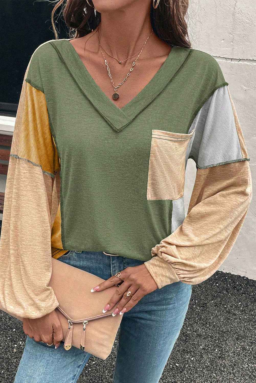 Sail Blue Exposed Stitching Colorblock V Neck Long Sleeve Top ad50210c4560288d